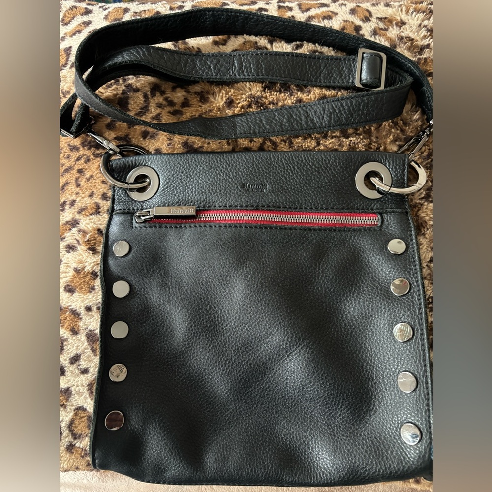 Hammitt Tony Small Crossbody Shoulder Bag Black Gunmetal Red Zipper